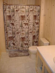 Cabin South Bathroom with tub/shower combination.  This bathroom is located across from the Sunroom at the South End of the cabin.  The 2nd Bathroom is located off of the Dining area at the North end of the Cabin.  