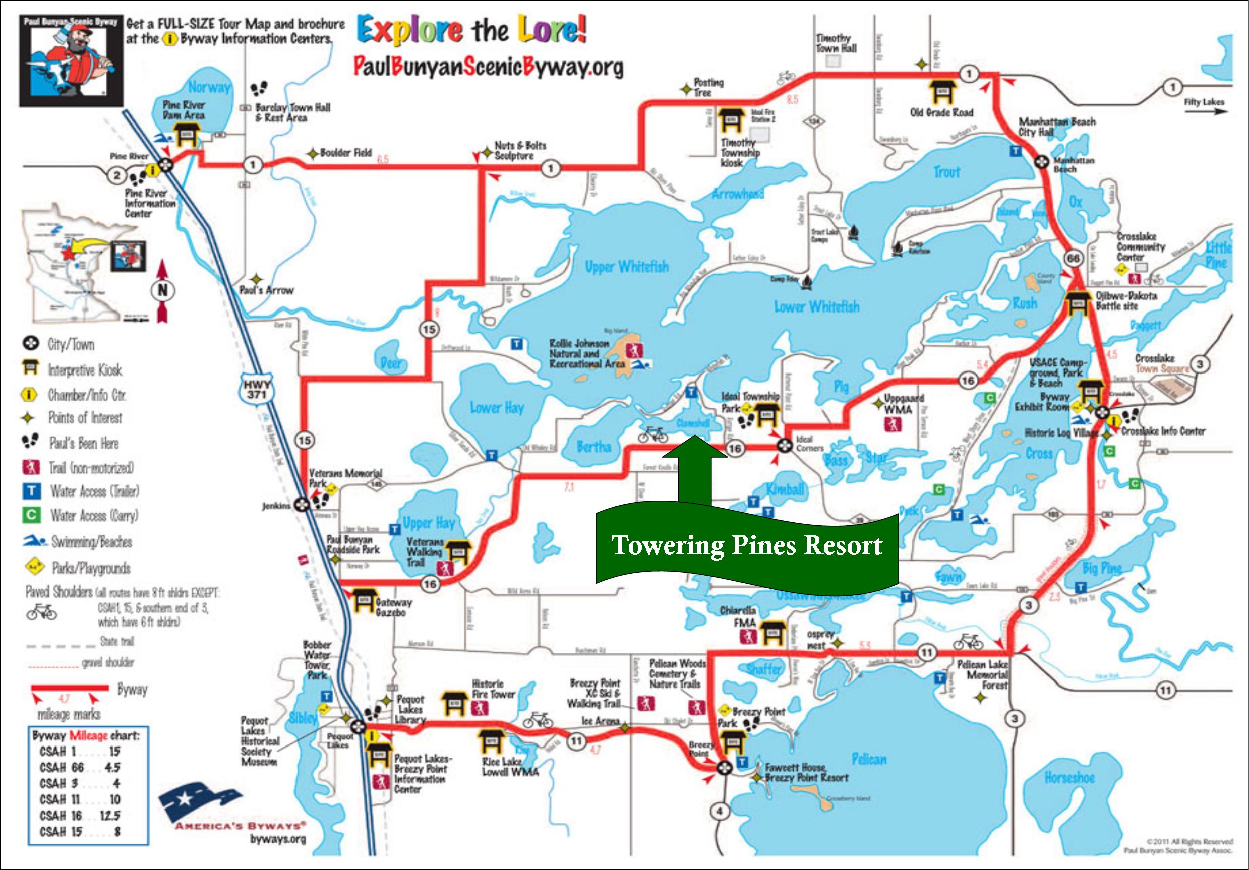 The Paul Bunyan Scenic Byway has received National recognition!  This trail is good for biking or traveling to the kiosks by car.  Sites to see at each stop.  Check out the GIANT Paul Bunyan footprints at the Ideal Township Playground and Ballpark 2 miles from our resort!