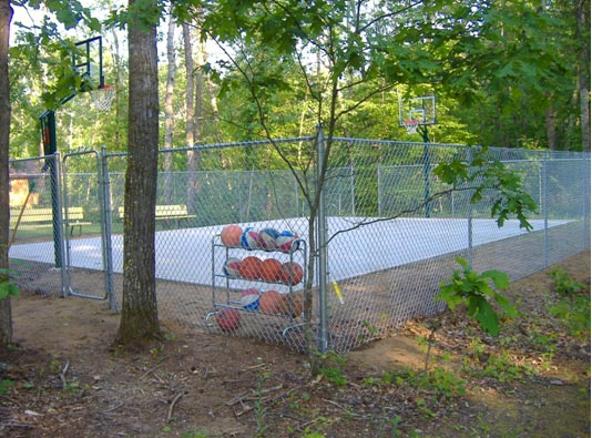 Our Basketball Court has adjustable hoops so all ages can get into the action!  Meet up with new friends for a friendly game of basketball or come down to shoot baskets solo. We have lots of Basketballs for you to use!