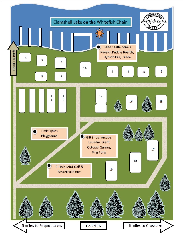 Towering Pines Resort map.  As you can see we have many cabins directly on the lake with others just a short walk away.  Many cabin size options and amenities to chose from.  We would be happy to help you decide which cabin would be the best for you!